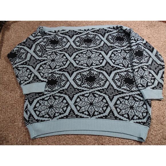 Vtg 80s/90s Sliltra Oversized Black & Teal Geometric Knit Boat Neck Sweater Med - Picture 8 of 10